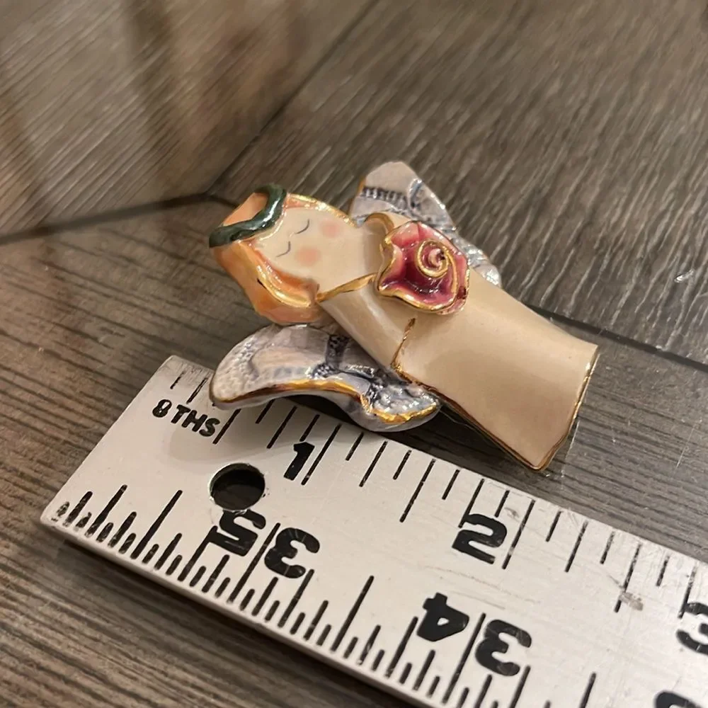 Vintage Ceramic Lusterware Angel with Rose Brooch Lapel Pin